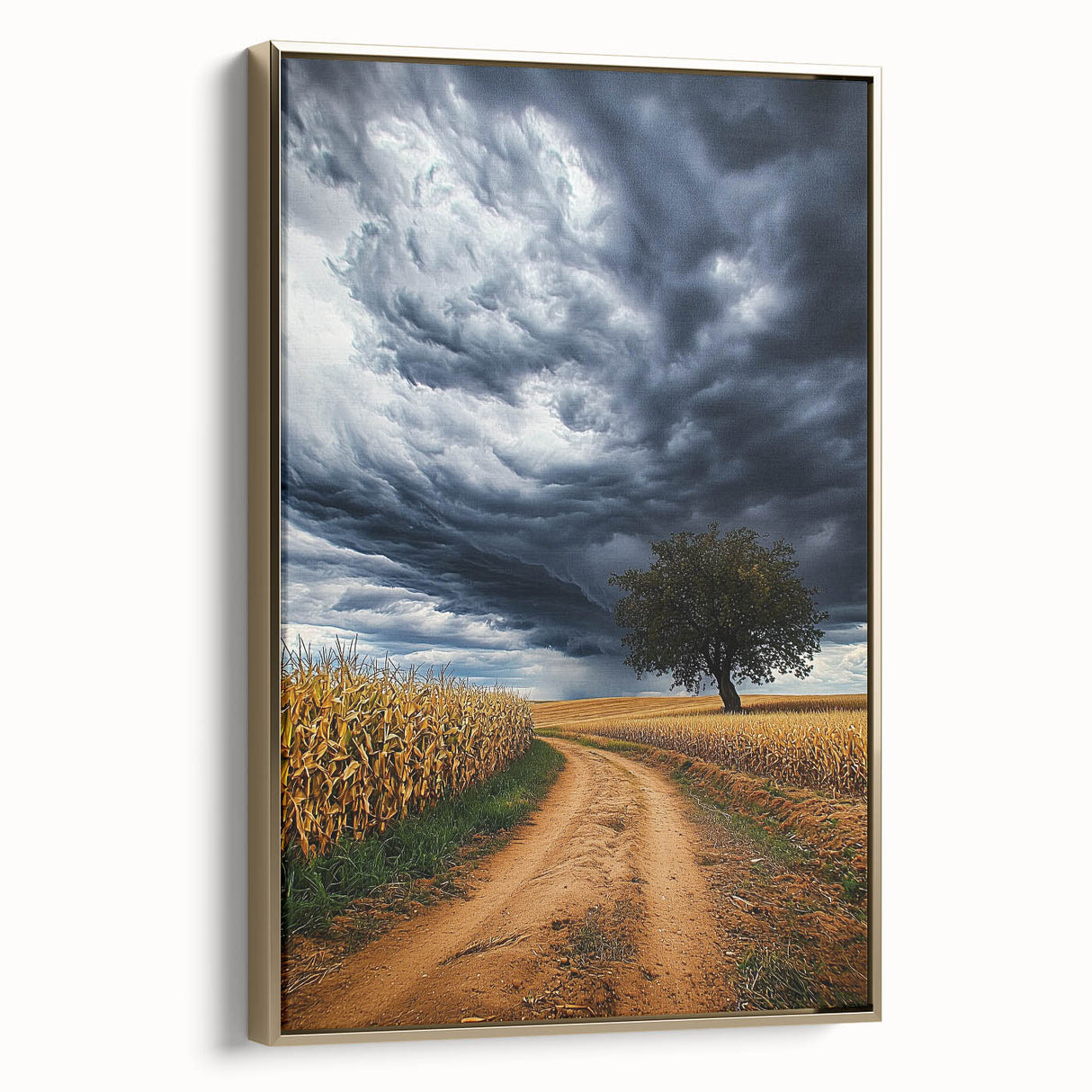 Framed canvas artwork showcasing serene landscape fields with golden hues, elegantly displayed in a side view, ideal for enhancing home decor aesthetics.