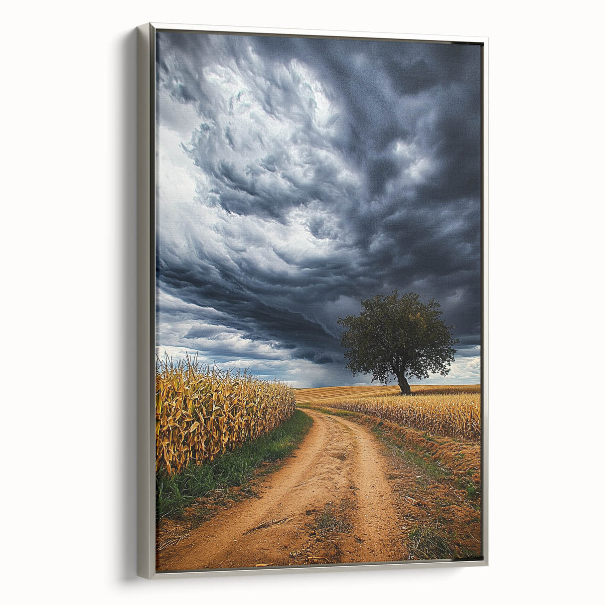 Framed canvas artwork showcasing a serene landscape of fields in vibrant green and gold hues, elegantly displayed with a sleek silver frame, ideal for home decor.
