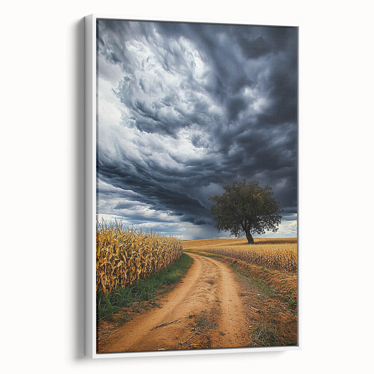 Framed canvas artwork showcasing vibrant green landscapes with rolling fields and blue skies, displayed from a side view against a white wall, ideal for home decor.