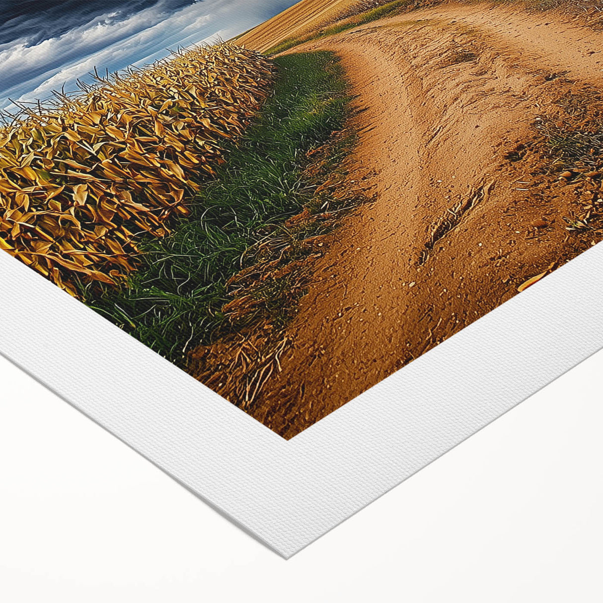 Vibrant rolled canvas showcasing a serene landscape with lush green fields and a clear blue sky, elegantly packaged in a protective cardboard tube for safe shipping.