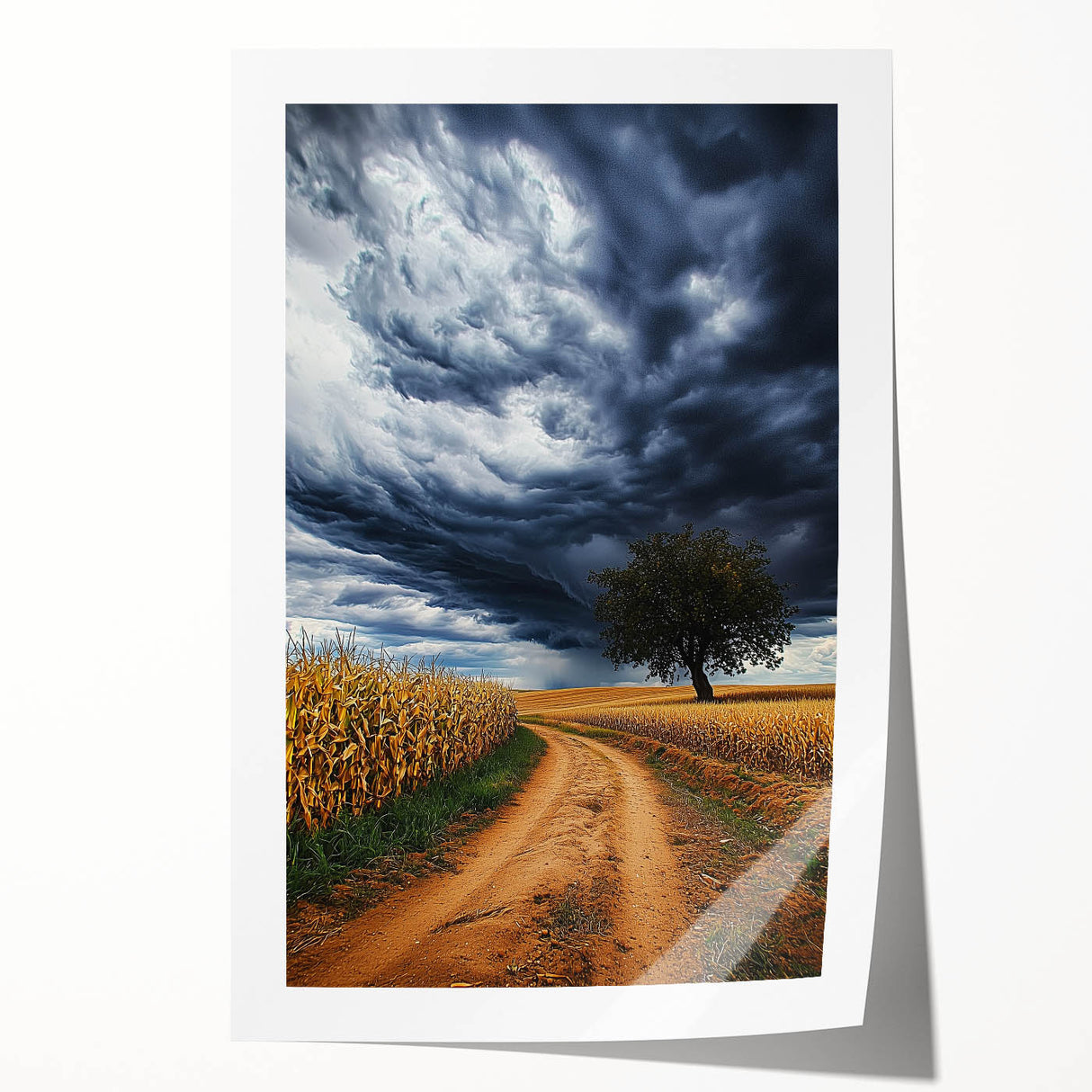 Vibrant rolled canvas print showcasing a stunning landscape of lush green fields under a clear blue sky, elegantly packaged in a protective cardboard tube, perfect for art enthusiasts.
