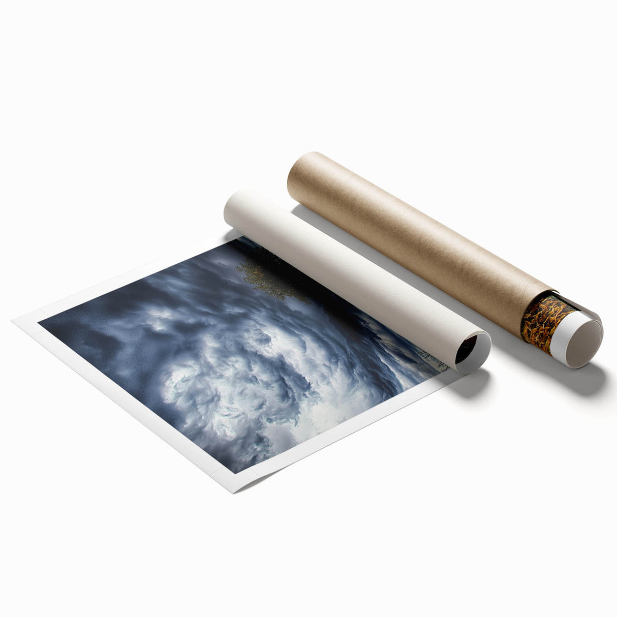 Vibrant rolled print of a scenic landscape with lush green fields and a clear blue sky, elegantly packaged in a durable tube for easy transport and display.