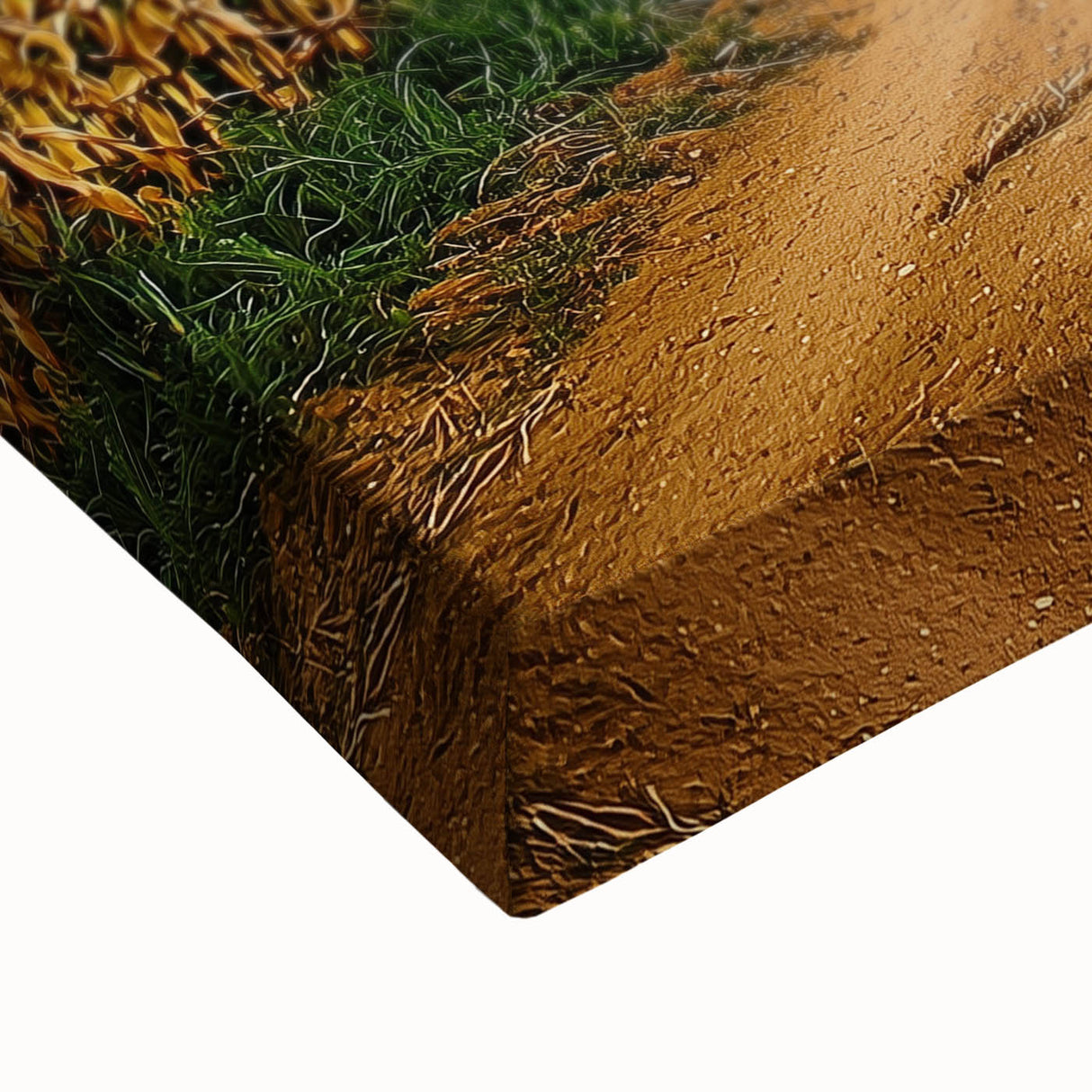 Close-up of a vibrant stretched canvas landscape featuring lush green fields under a bright blue sky, showcasing intricate details and rich colors, perfect for home decor.