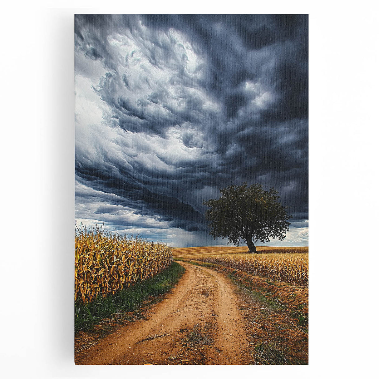 Vibrant stretched canvas artwork depicting serene landscapes with lush fields and a clear blue sky, ideal for enhancing home decor with a natural theme.