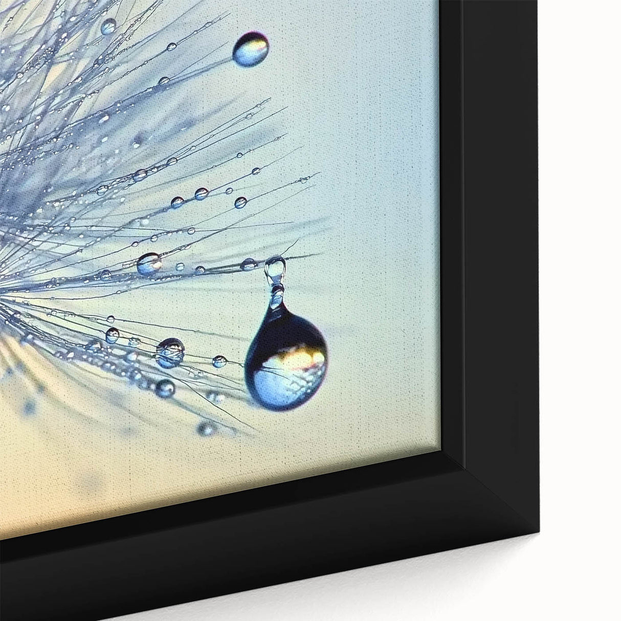 Close-up of textured water image in black frame, with vibrant blue and green hues, ideal for living room decor.