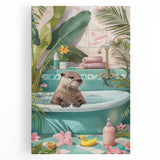 Bathroom Canvas Art - Playful Otter in Tropical Bathtub Scene