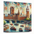 Acrylic print of London skyline in muted colors, suited for bedroom or dining room decor.