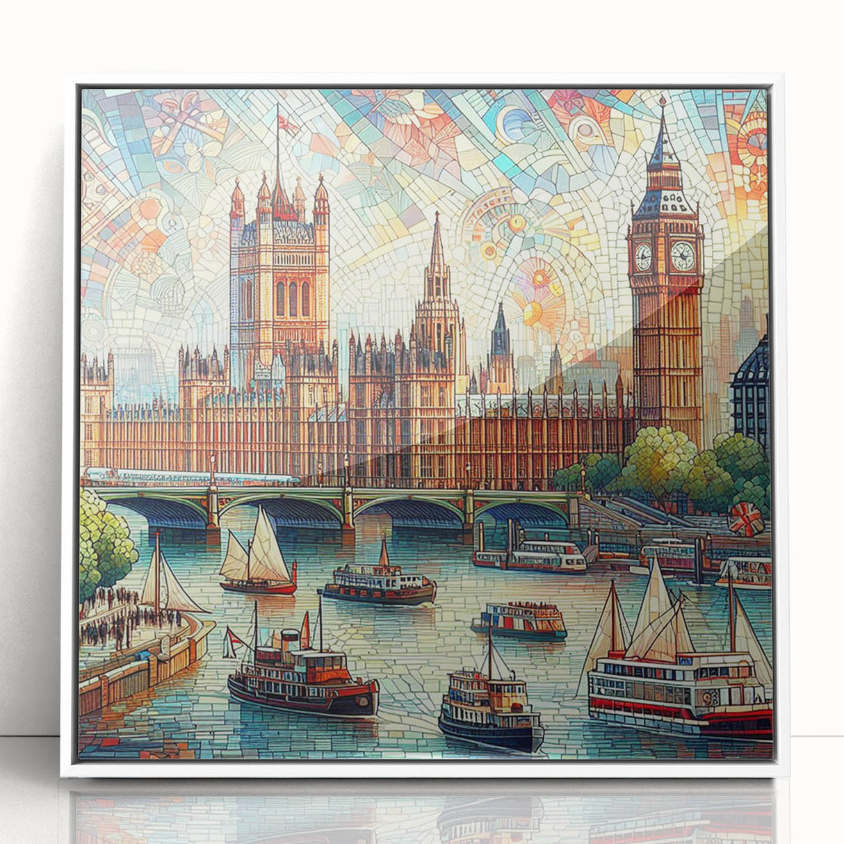 Mid-century modernist art of London skyline in muted gray and blue tones on a framed acrylic, ideal for nursery wall decor.
