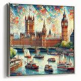 Landscape art painting of London with colorful highlights, displayed on a silver-framed canvas, ideal for office decor.