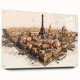 Acrylic print of a Paris skyline in muted gray and blue tones, ideal for dining room decor.