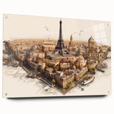Acrylic print of a Paris skyline in muted gray and blue tones, ideal for dining room decor.