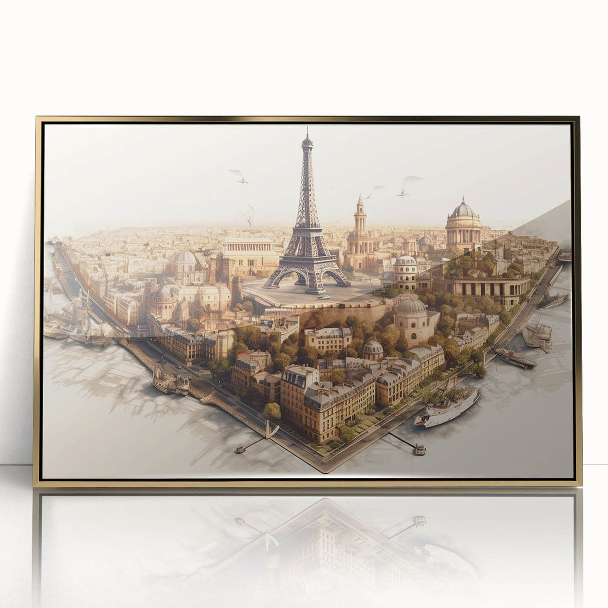 Art deco poster of Paris scenery in muted gold and blue tones on framed acrylic.