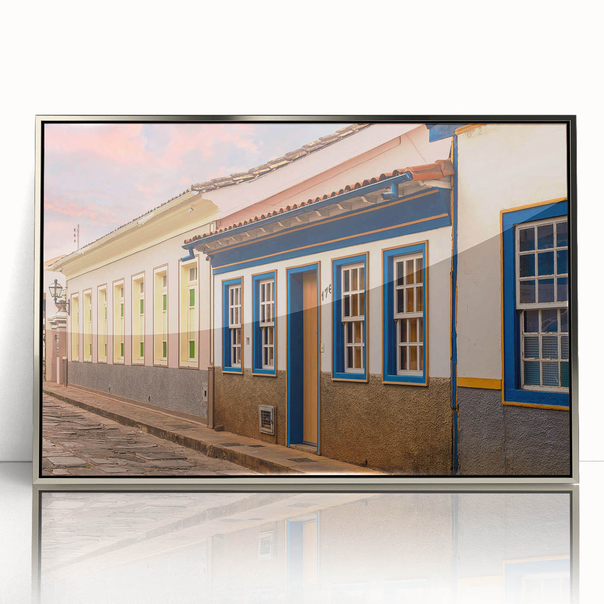 Mid-century modernist art of a Brazilian landscape in cool blue tones, acrylic print framed in silver.