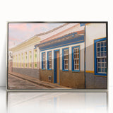 Mid-century modernist art of a Brazilian landscape in cool blue tones, acrylic print framed in silver.
