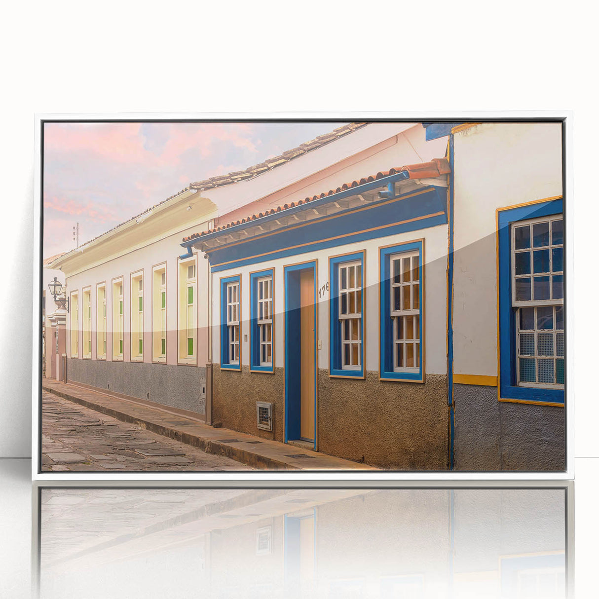 Art deco poster of a Brazilian landscape in muted green and blue tones, framed acrylic, ideal for modern art wall decor.