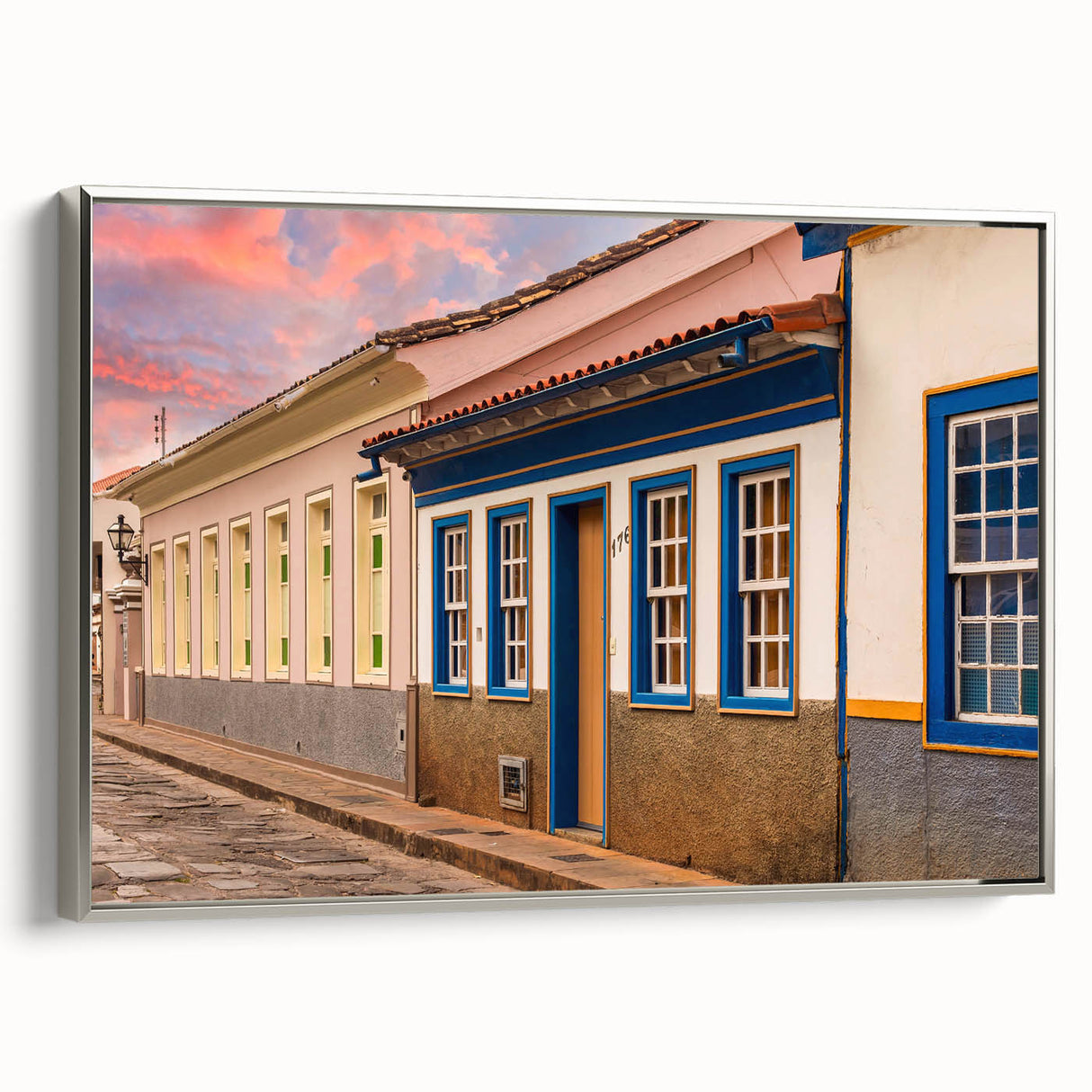 Framed canvas landscape art painting depicting a colorful vintage Brazilian scenery, ideal for enhancing living room decor.