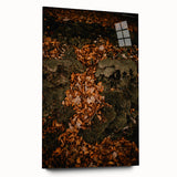 Large abstract wall art on acrylic glass depicting swirling autumn colors, ideal for bedroom or dining room decor.