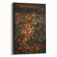 Black and white framed canvas featuring a vintage-style landscape painting of an autumn scene, ideal for bedroom decor.