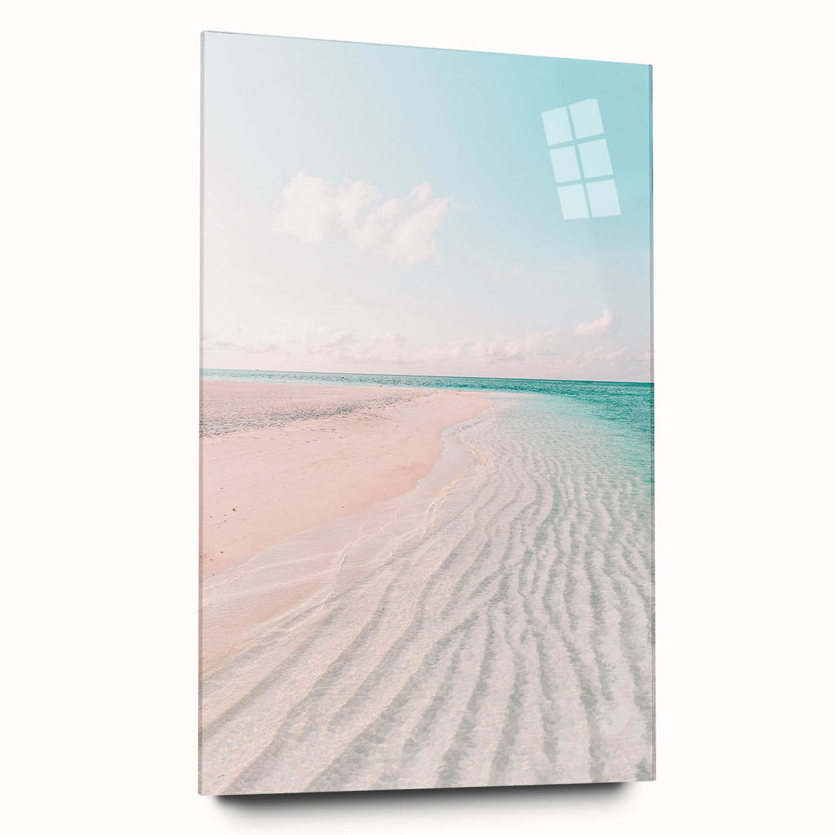 Large abstract wall art in vibrant blue and orange tones on acrylic glass, suitable for bedroom or dining room decor.