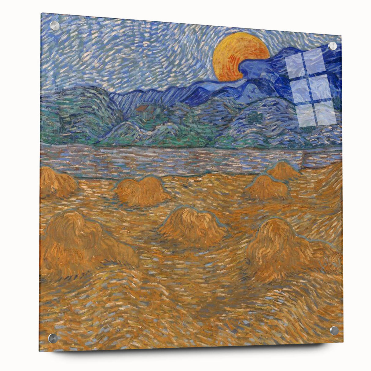 Side view of a Van Gogh-inspired large abstract wall art on acrylic glass, featuring swirling blue and yellow tones.