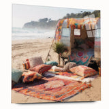 Large abstract wall art on acrylic glass featuring a mid-century modernist caravan in earth tones.