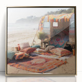 Mid-century modernist caravan illustration in gold and teal tones on acrylic, ideal for nursery wall decor.