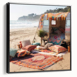 Black and white framed canvas depicting a side view of a vintage caravan, suitable for bedroom wall decor.