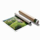 Scenic rolled print of a majestic castle surrounded by colorful landscapes, showcasing intricate details and vibrant hues, ideal for home decor or art enthusiasts.