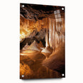 Acrylic glass artwork depicting a vibrant landscape scene with caves, showcasing intricate details and vivid colors, presented from a side view and secured with pins. Perfect for modern decor enthusiasts looking to enhance their space with unique artistic expressions.
