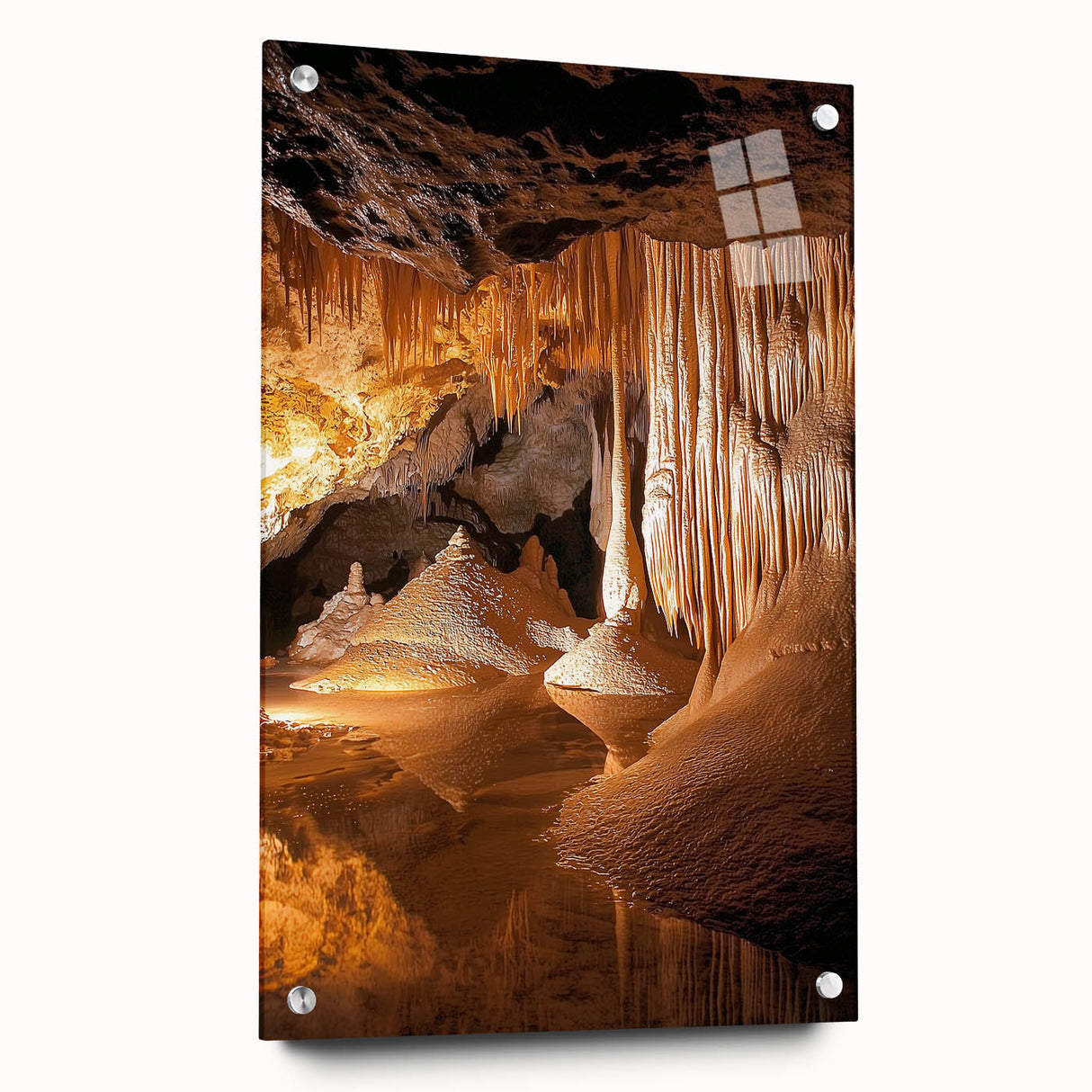 Acrylic glass artwork depicting a vibrant landscape scene with caves, showcasing intricate details and vivid colors, presented from a side view and secured with pins. Perfect for modern decor enthusiasts looking to enhance their space with unique artistic expressions.