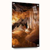 Acrylic glass artwork depicting a vibrant landscape scene with caves, showcasing intricate details and vivid colors, presented from a side view and secured with pins. Perfect for modern decor enthusiasts looking to enhance their space with unique artistic expressions.