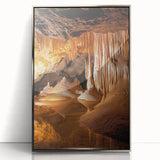 Framed acrylic artwork depicting a stunning landscape with cave formations, featuring a silver front view that enhances the natural colors and textures. Ideal for modern home decor.