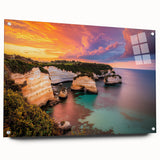 Acrylic landscape artwork showcasing dramatic cliffs in vibrant colors, displayed in a glass frame with stylish pins, perfect for modern home decor.