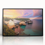 Framed acrylic artwork showcasing a stunning cliff landscape with vibrant colors and intricate details, set in a sleek black frame for a modern aesthetic.