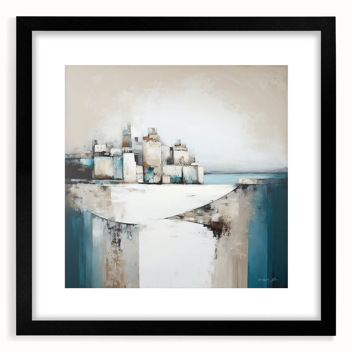 Abstract architecture wall art framed with a mat in black, showcasing geometric shapes and modern design elements. Perfect for contemporary home decor.
