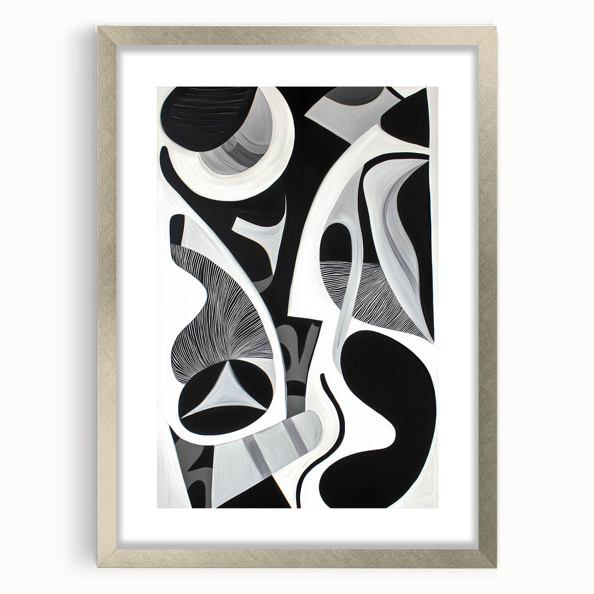 Abstract geometric frame in silver with a mat, showcasing a modern design ideal for contemporary home decor; front view highlights clean lines and elegance.