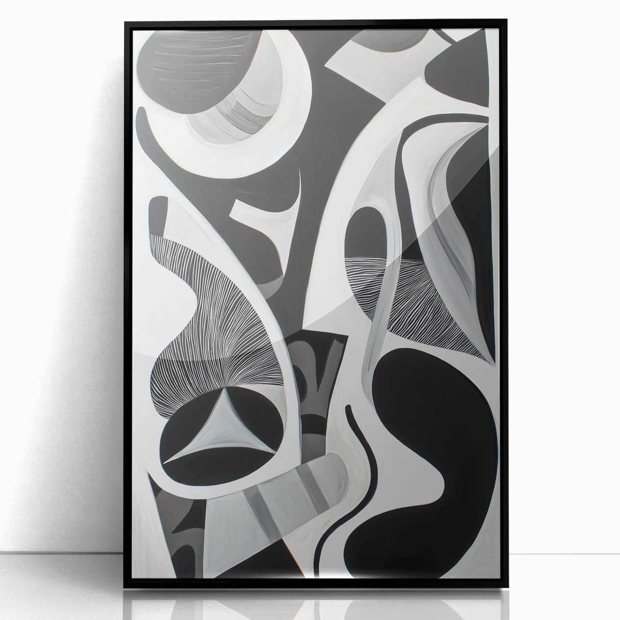 Framed abstract geometric art piece in black acrylic, showcasing intricate patterns and modern design. Perfect for contemporary home decor and stylish interiors.