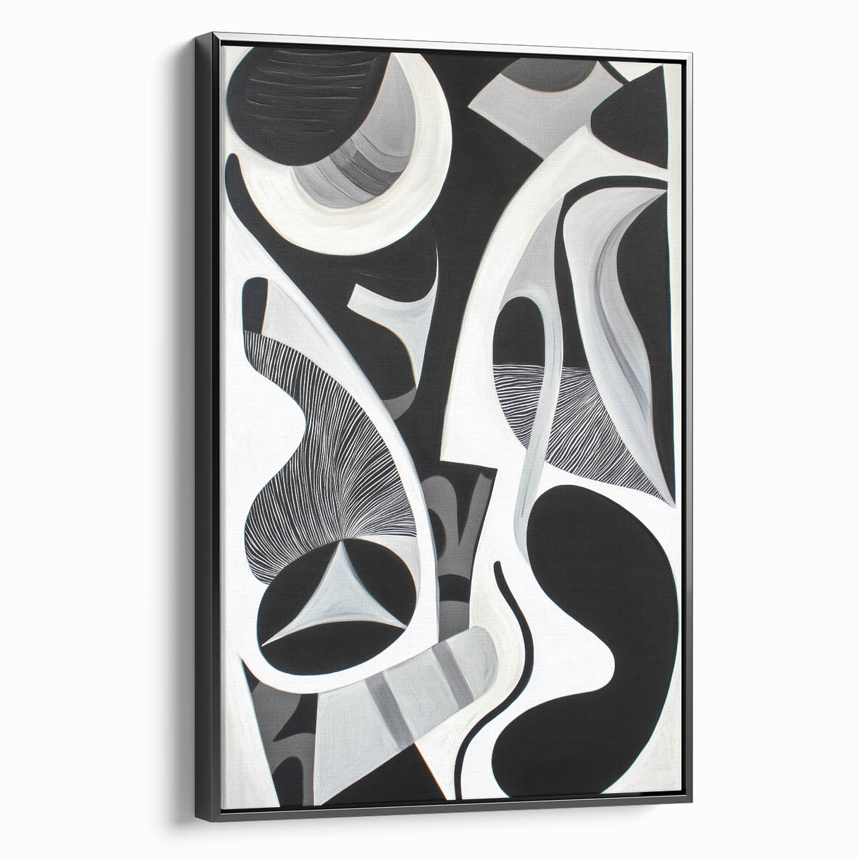 Abstract geometric framed canvas artwork showcasing a sleek black design with sharp angles and modern aesthetics, ideal for contemporary home decor. Perfect for adding a stylish touch to living spaces or offices.