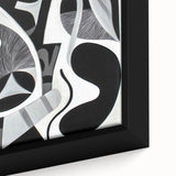 Close-up of an abstract geometric framed canvas art piece showcasing vibrant colors and intricate patterns, ideal for modern home decor and artistic displays.