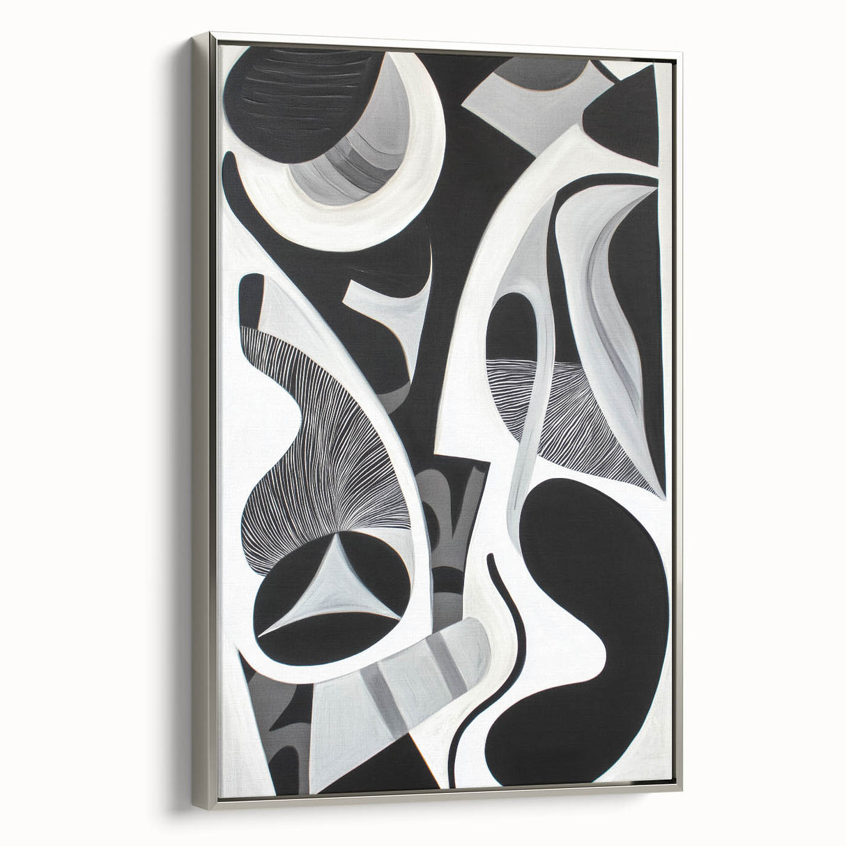 Abstract geometric framed canvas artwork with silver tones, showcasing a modern design from a side view. Ideal for contemporary home decor and art enthusiasts.