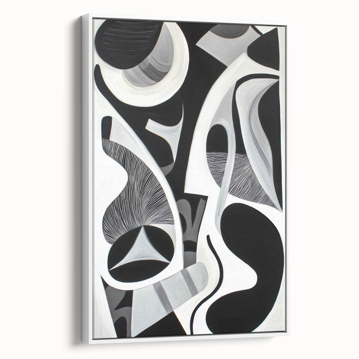 Abstract geometric framed canvas art featuring a white background and intricate patterns, ideal for modern home decor. Showcasing a stylish side view, this piece adds sophistication to any space.