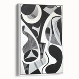 Abstract geometric framed canvas art featuring a white background and intricate patterns, ideal for modern home decor. Showcasing a stylish side view, this piece adds sophistication to any space.
