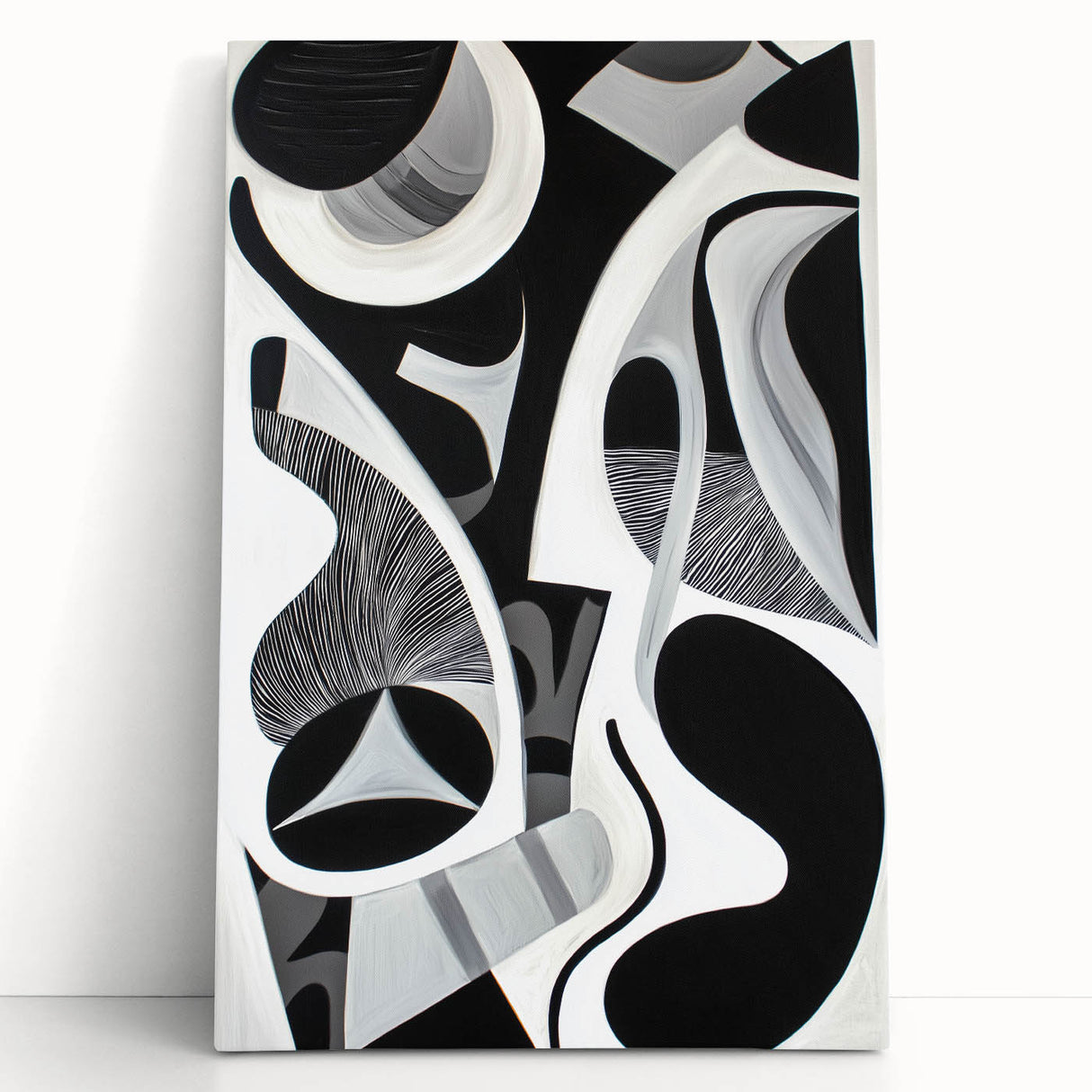 Abstract geometric canvas art piece featuring bold colors and intricate patterns, leaning against a neutral wall, ideal for modern home decor and artistic aesthetics. This design enhances contemporary spaces with its vibrant visual appeal and dynamic shapes.
