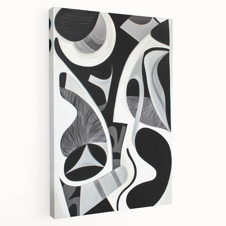 Abstract geometric stretched canvas artwork showcasing vibrant colors and intricate shapes, designed for modern home decor, highlighting its side view and texture.