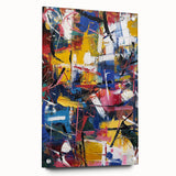 Abstract acrylic glass artwork showcasing vibrant splatters in rich colors, mounted with decorative pins against a sleek backdrop, ideal for modern decor.