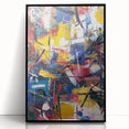 Framed acrylic artwork showcasing vibrant abstract splatters in a striking black frame, perfect for modern home decor. Ideal for adding a contemporary artistic touch to any living space.