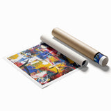 Colorful abstract splatter art print showcasing vibrant hues of blue, pink, and yellow, ideal for modern home decor, rolled and ready for framing.