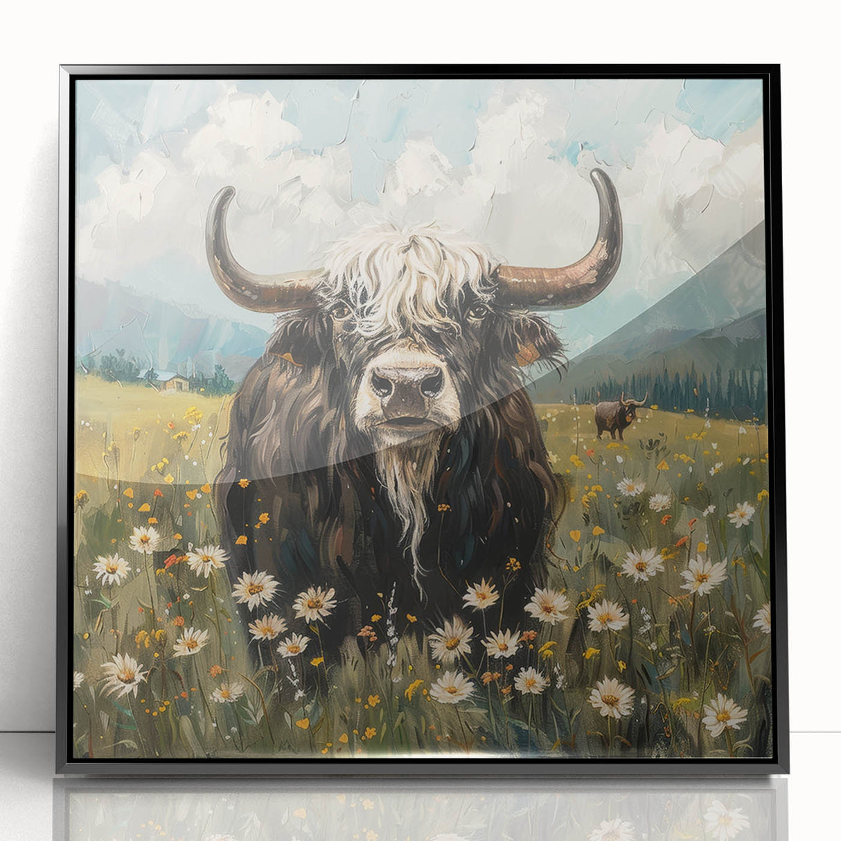 Framed acrylic wall art featuring a vibrant animal design, set in a sleek black frame, showcasing intricate details and rich colors, perfect for modern decor.