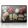 Large abstract wall art featuring assorted food dishes in a mid-century modernist style, framed in black acrylic.