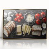 Framed acrylic print featuring an array of colorful food dishes in a mid-century modernist style.